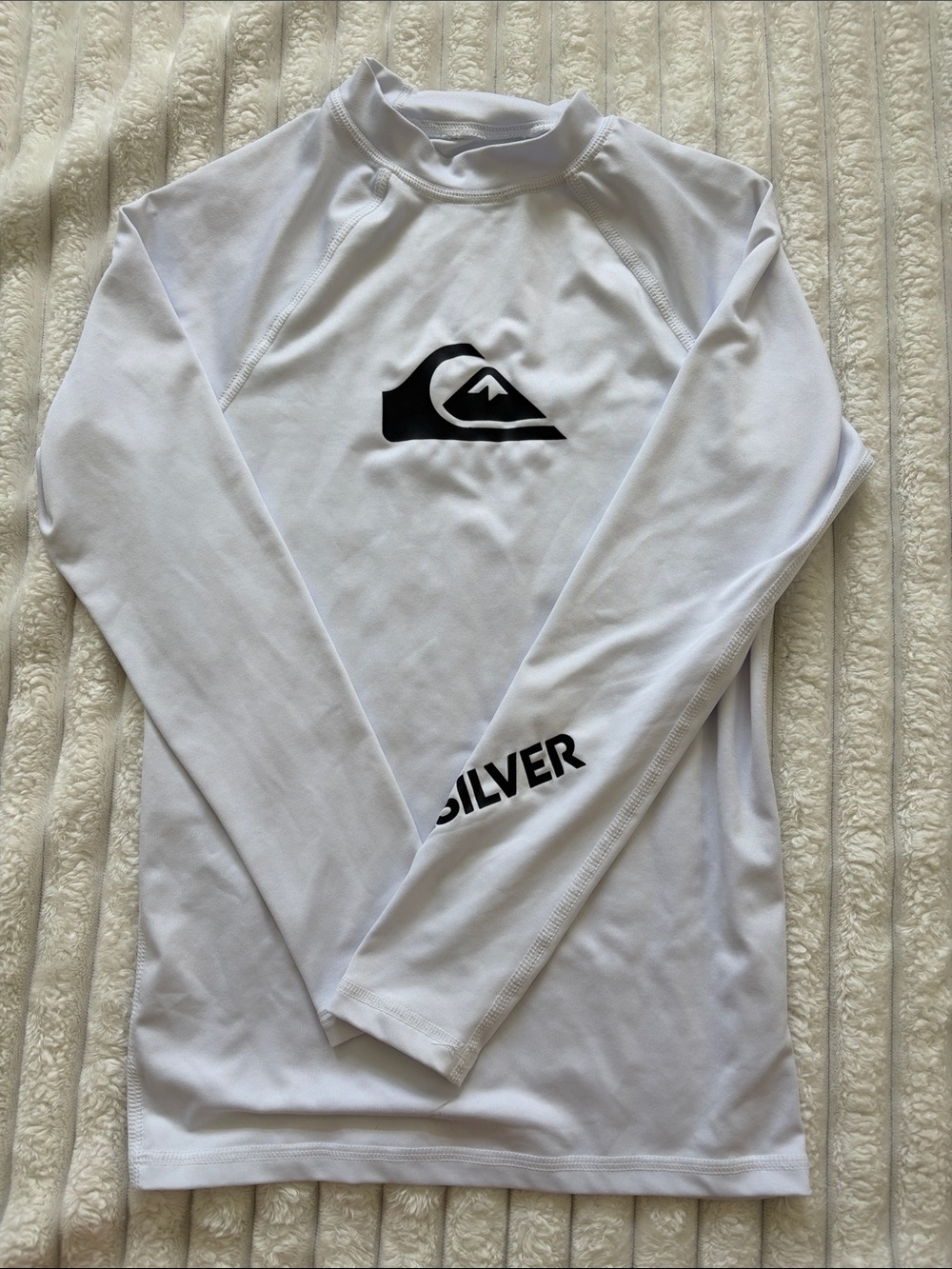 Quiksilver Men’s White Long-Sleeve Rash Guard with Black Logo